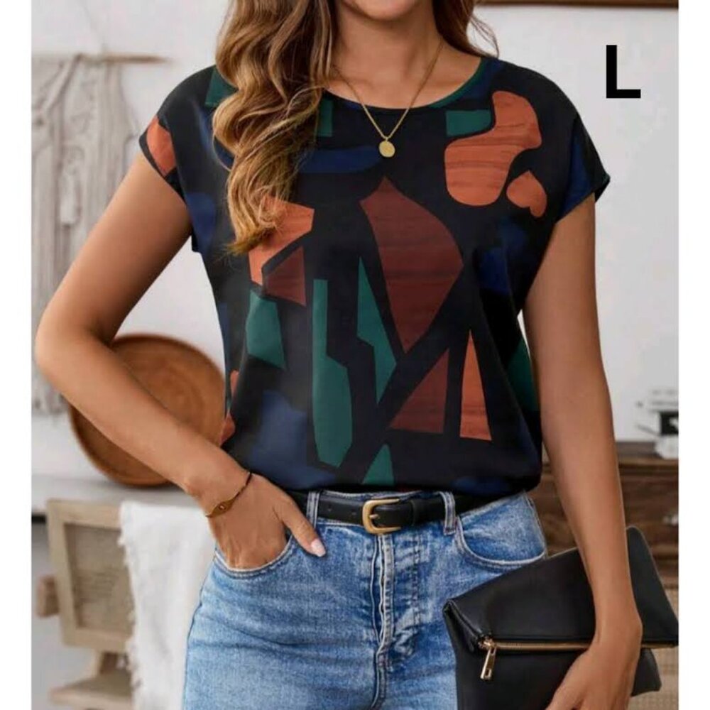 Geometric Print Top - Black and Green